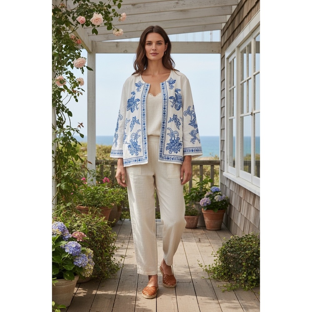 J. Jill Embroidered Open Front Jacket 2X White Blue Floral Cottage Coastal Boho